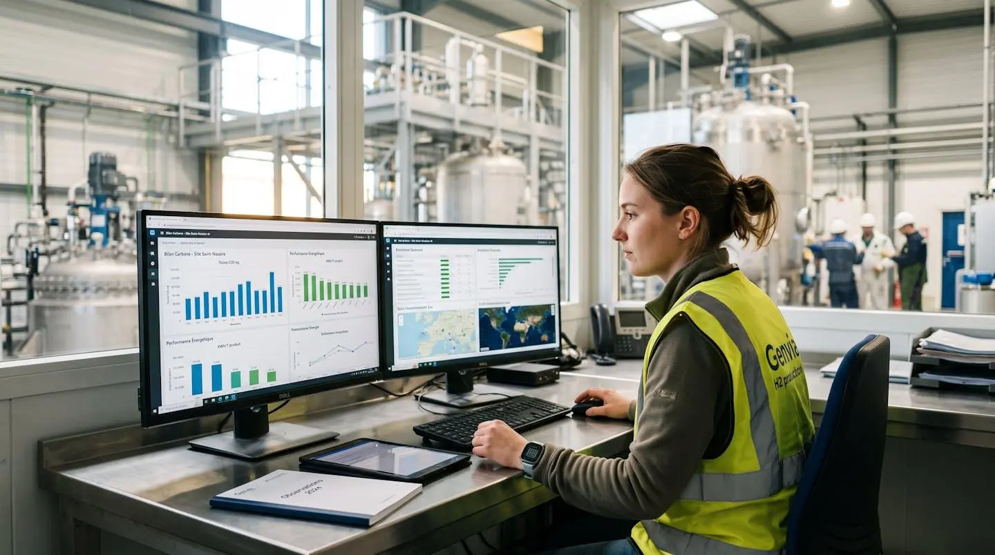Responsable RSE analysant des données environnementales sur des écrans de monitoring dans un environnement industriel moderne