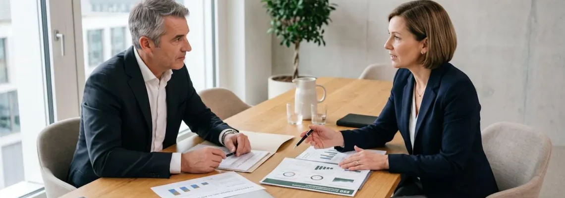Réunion professionnelle entre un conseiller bancaire et un dirigeant d'entreprise dans un bureau moderne, avec documents de financement durable étalés sur la table
