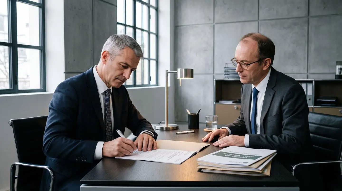 Signature d'un contrat de financement durable entre un représentant bancaire et un dirigeant d'entreprise, documents avec clauses ESG sur la table